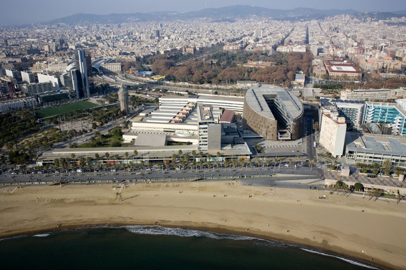 Aerial view of the Barcelona coastline and the biomedical research park near Hospital del Mar